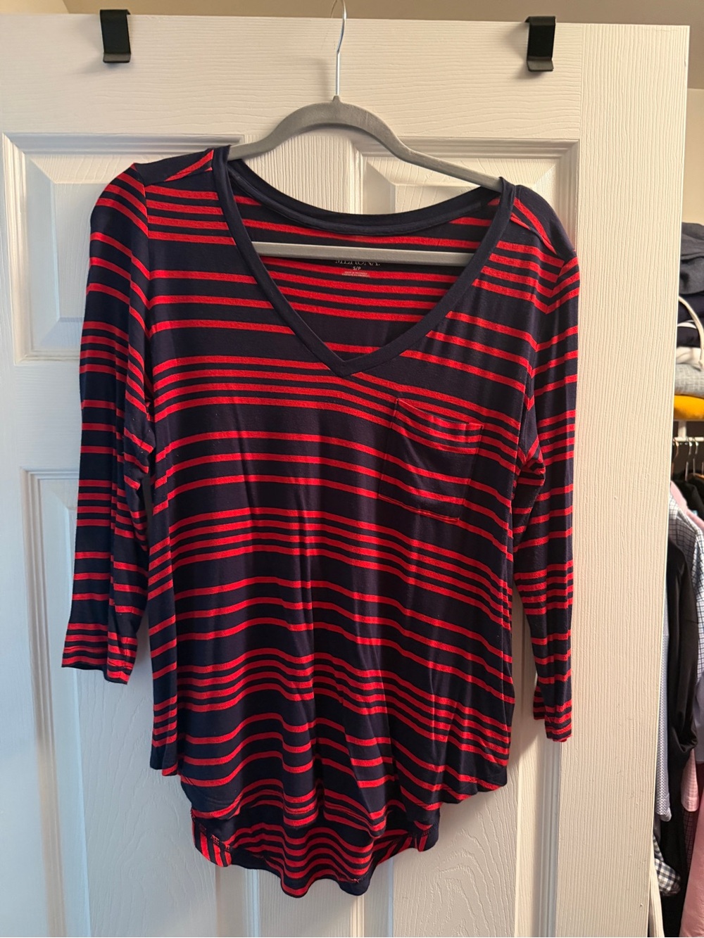 Merona Navy and Red Striped V-Neck Long Sleeve Top